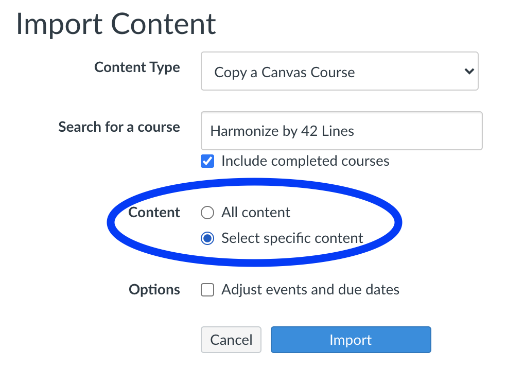 Canvas Import Content interface with 