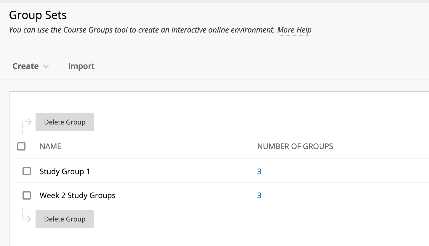Blackboard Group Option interface to manage Group Sets