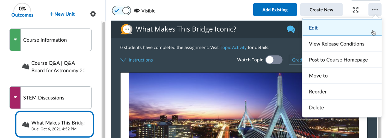 Brightspace Lessons Content View Content Menu