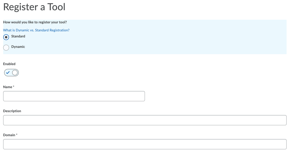 Brightspace Setup: Register a Tool Form Standard Option