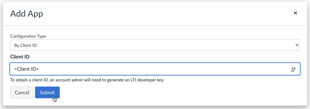 Screenshot of Add App interface with Submit button selected