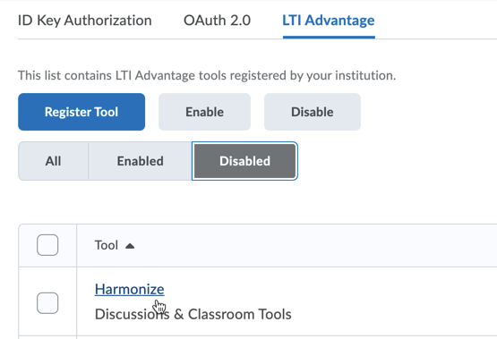 Brightspace Setup: Tools Page Harmonize Listing