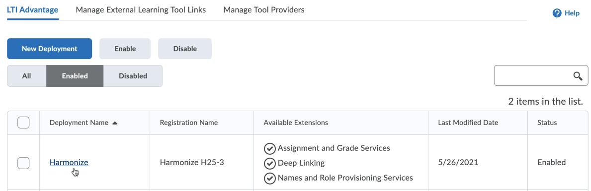 Brightspace Setup: Deployments Page Harmonize Listing