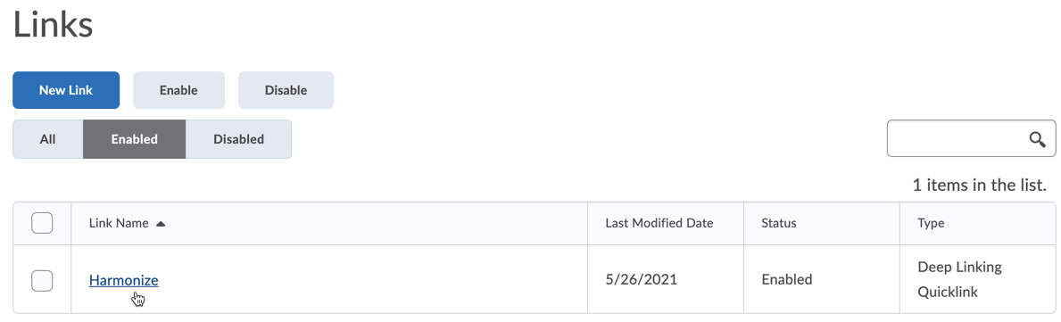 Brightspace Setup: Links Page Harmonize Listing