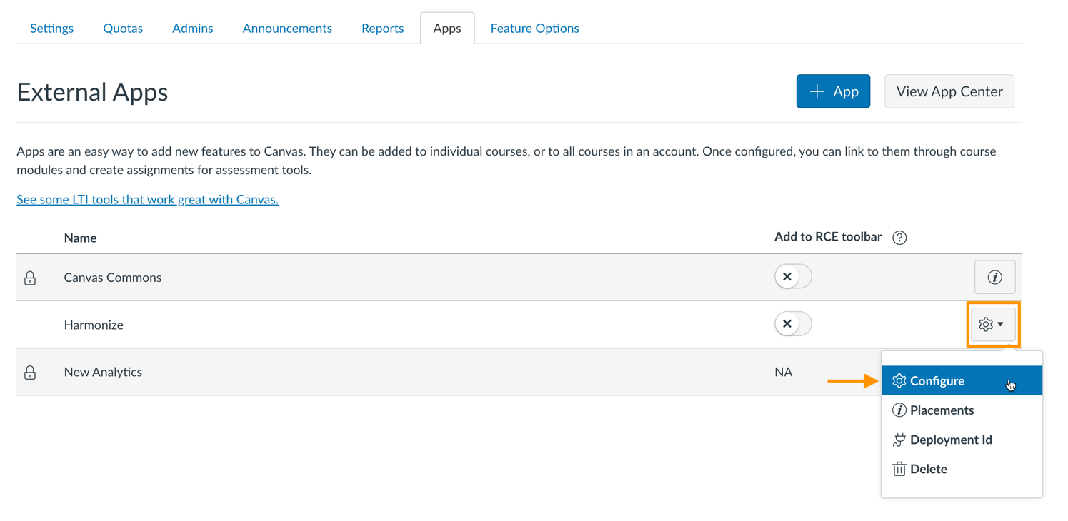 External apps tab with gear menu selected for Harmonize row. Arrow pointing to configure.