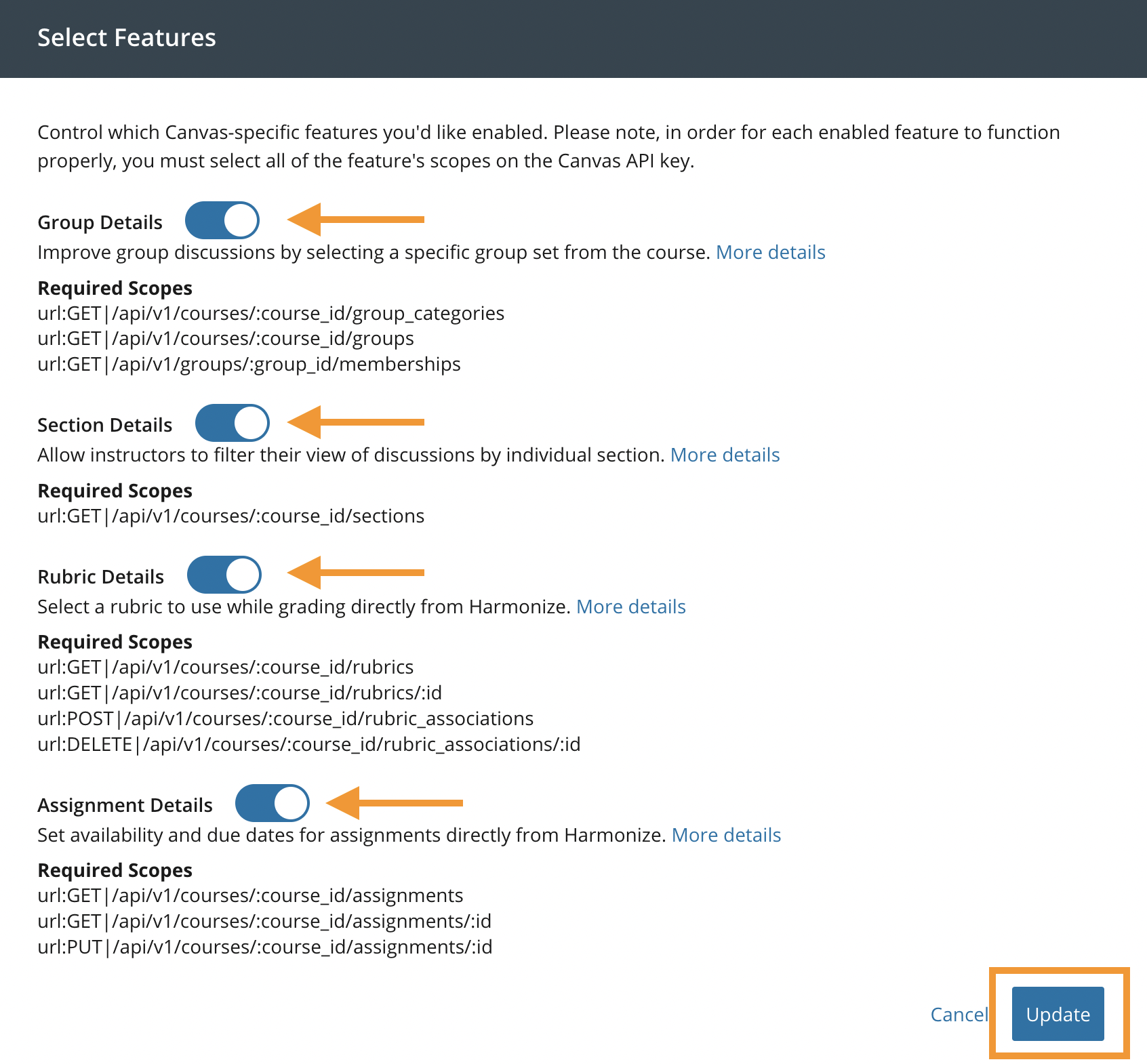 Select features menu showing options: group, section, rubric, and assignment details. Update button highlighted.