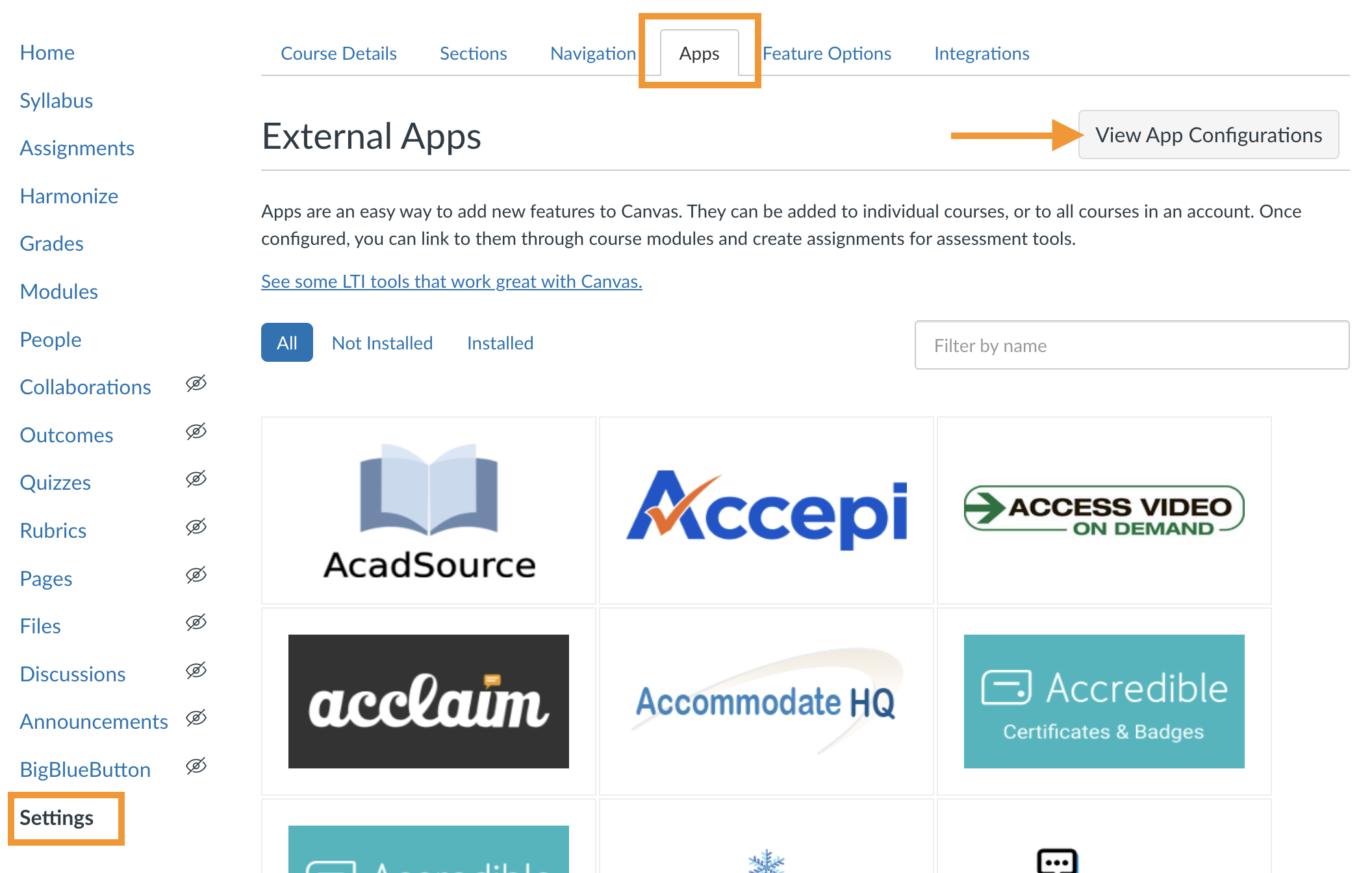 Canvas settings menu with Apps tab selected and an arrow pointing to View App Configurations. width=