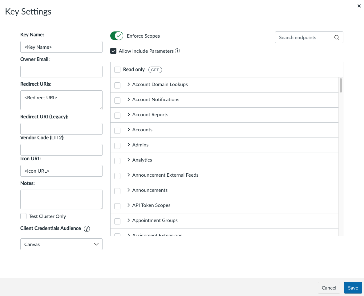 Screenshot of key settings page.