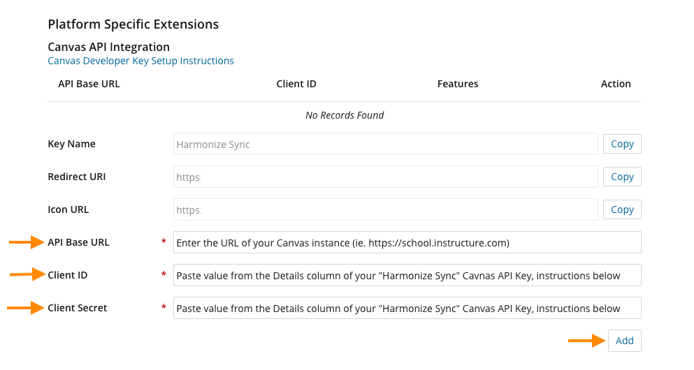 Canvas API Integration with API Base URL, Client ID, Client Secret, and Add selected.