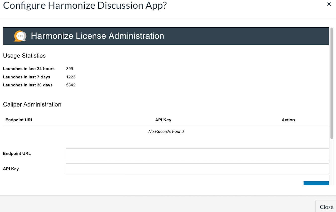 Caliper API key entry within Harmonize.