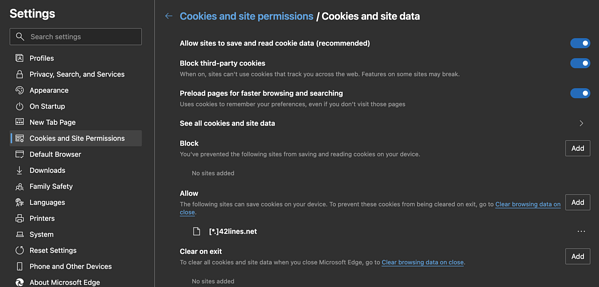 Microsoft Edge: Cookie Settings