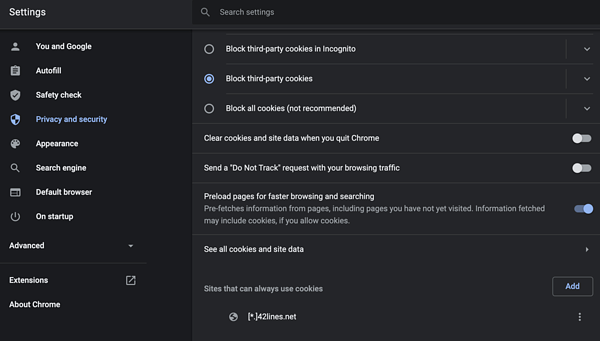 Chrome Settings Privacy and Security Cookie Settings
