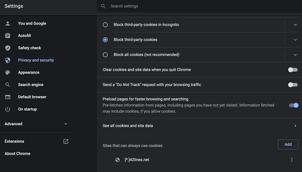 Google Chrome: Cookie Settings