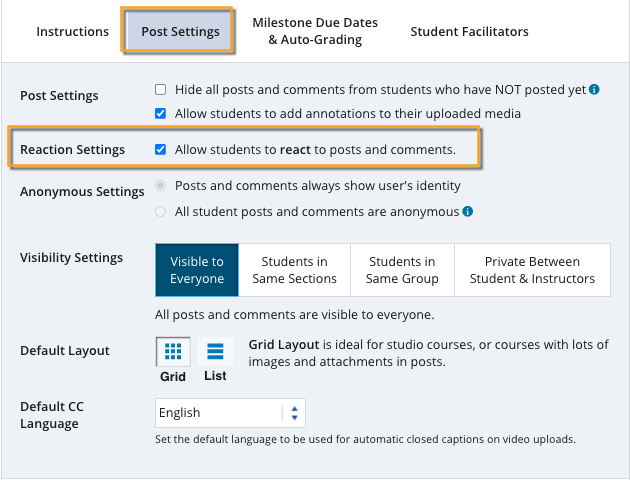 Enable student reactions via the topic edit page.