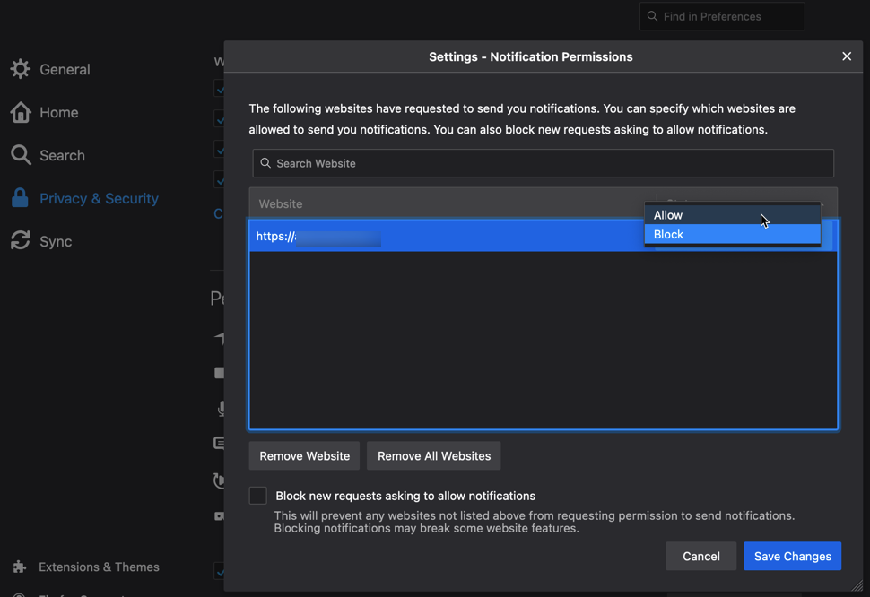 Firefox: Block and allow buttons