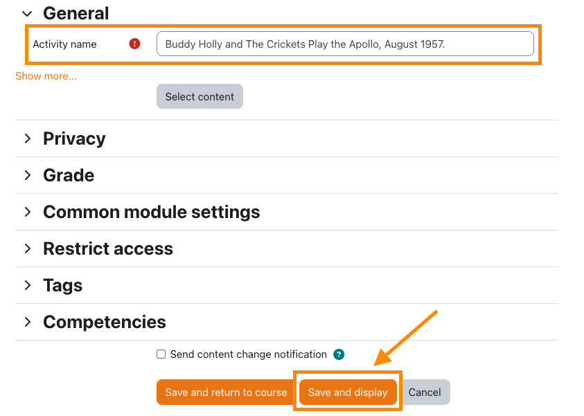 Moodle: Add Activity Page Content Selected Save and Display Button