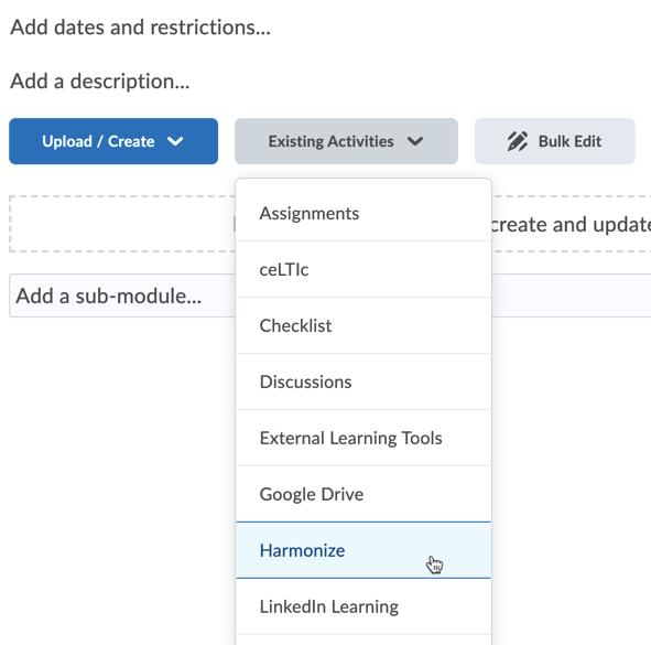 Brightspace Course Content Existing Activities Menu