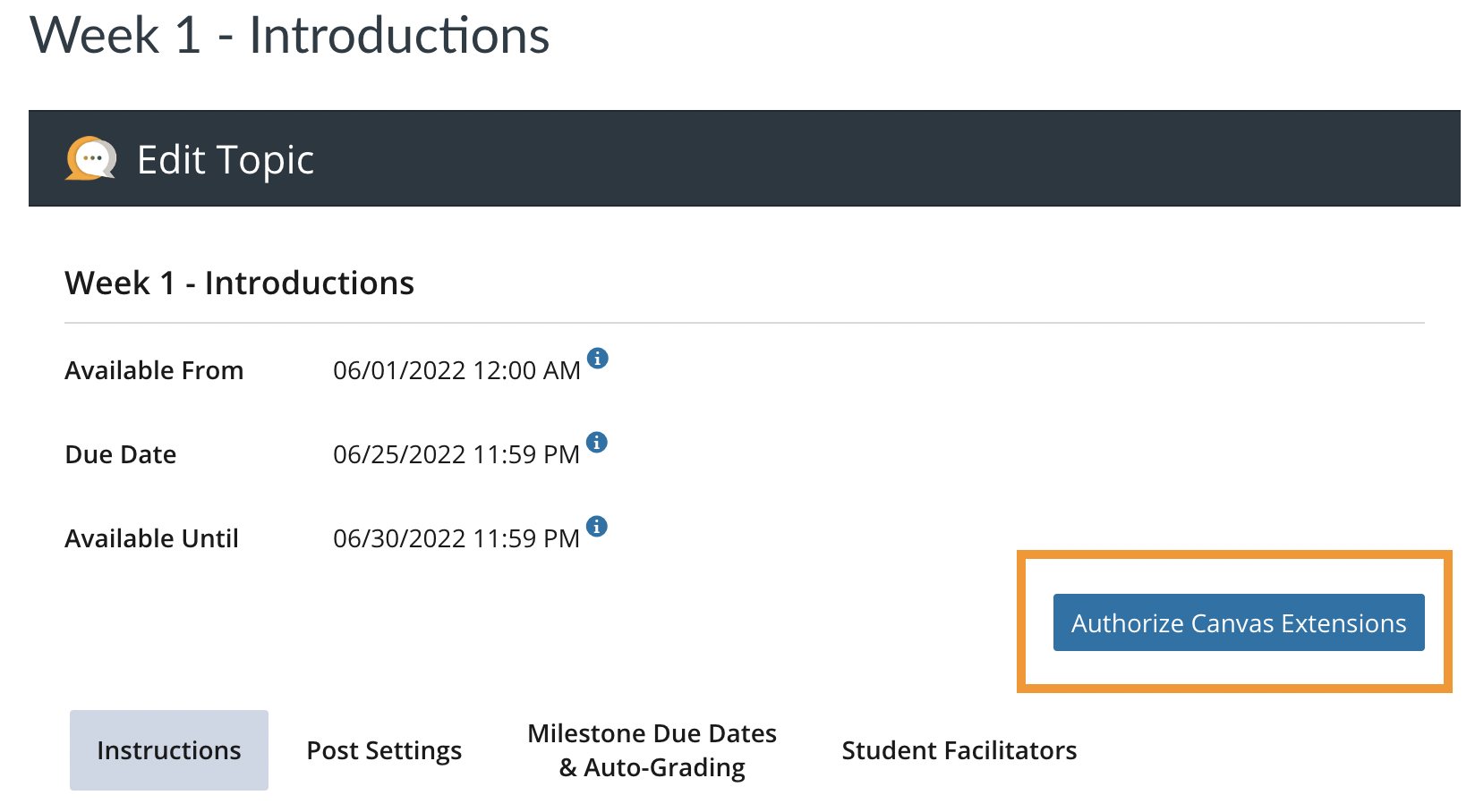 Harmonize Edit Topics page with Authorize Canvas Extensions selected.