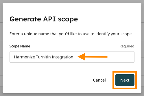 Turnitin Similarity: Generate API Scope Dialog