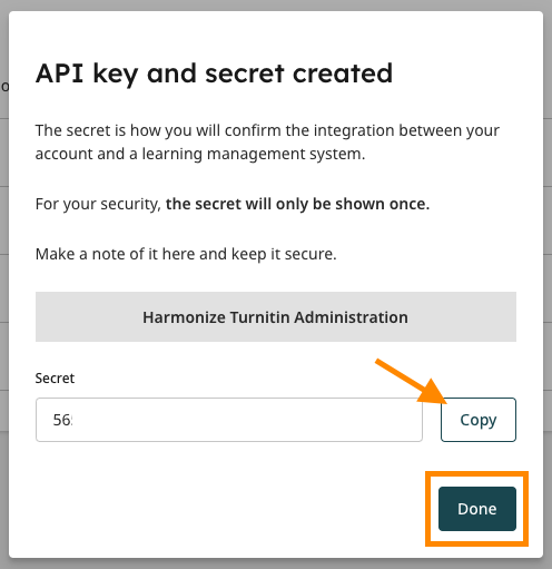 Turnitin Similarity: API Key and Secret Created Dialog