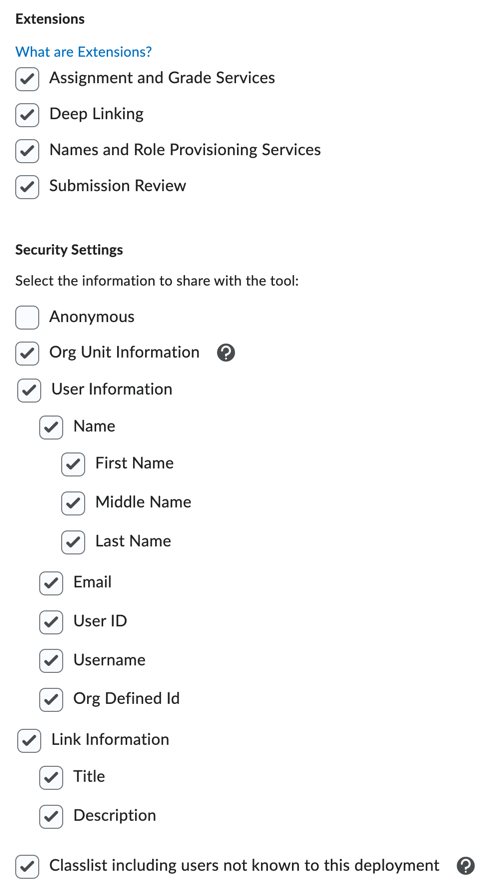 Brightspace Setup: Edit Deployment Form Extensions and Security Settings Options
