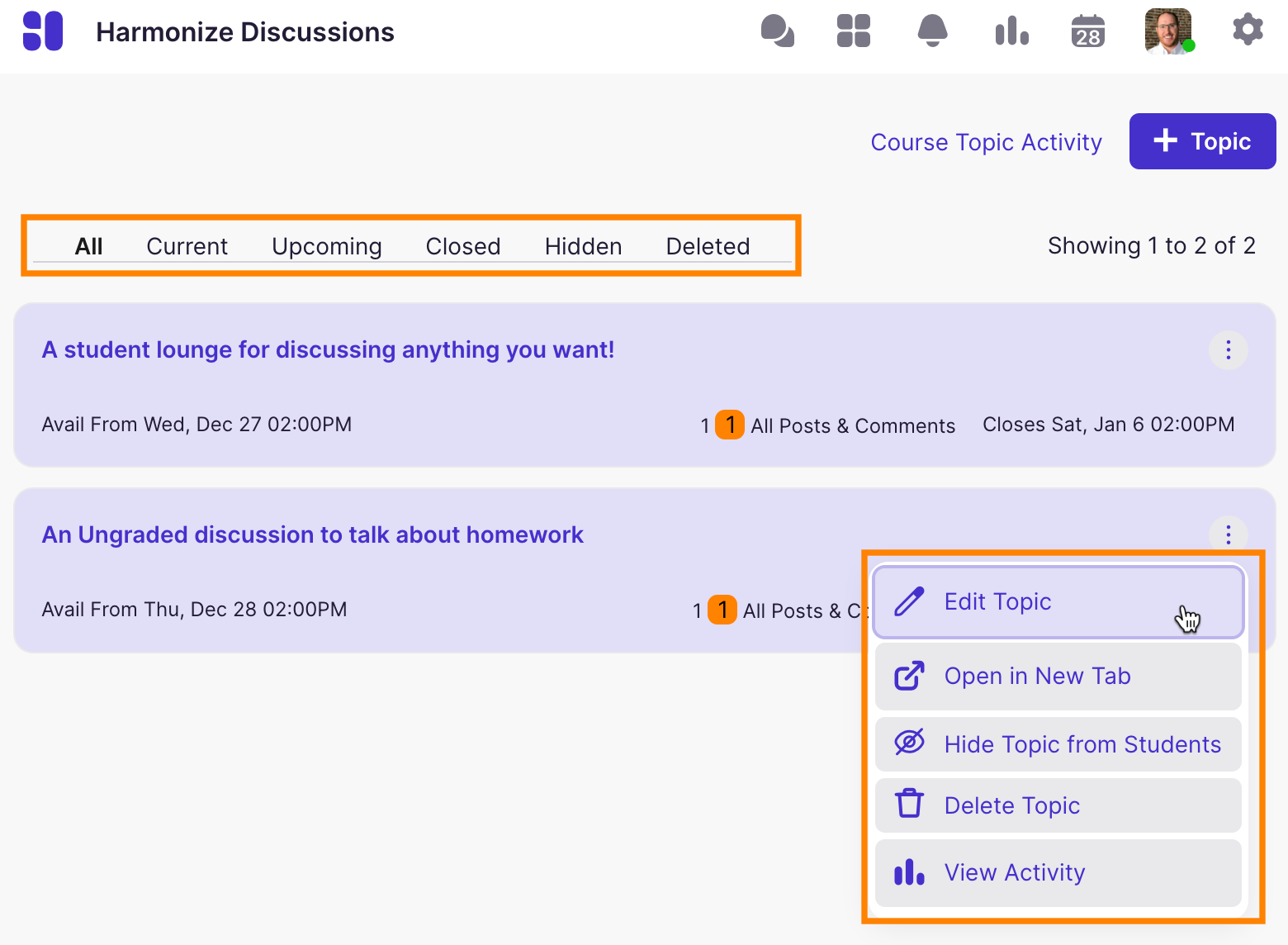 Discussion List Page: View and Controls