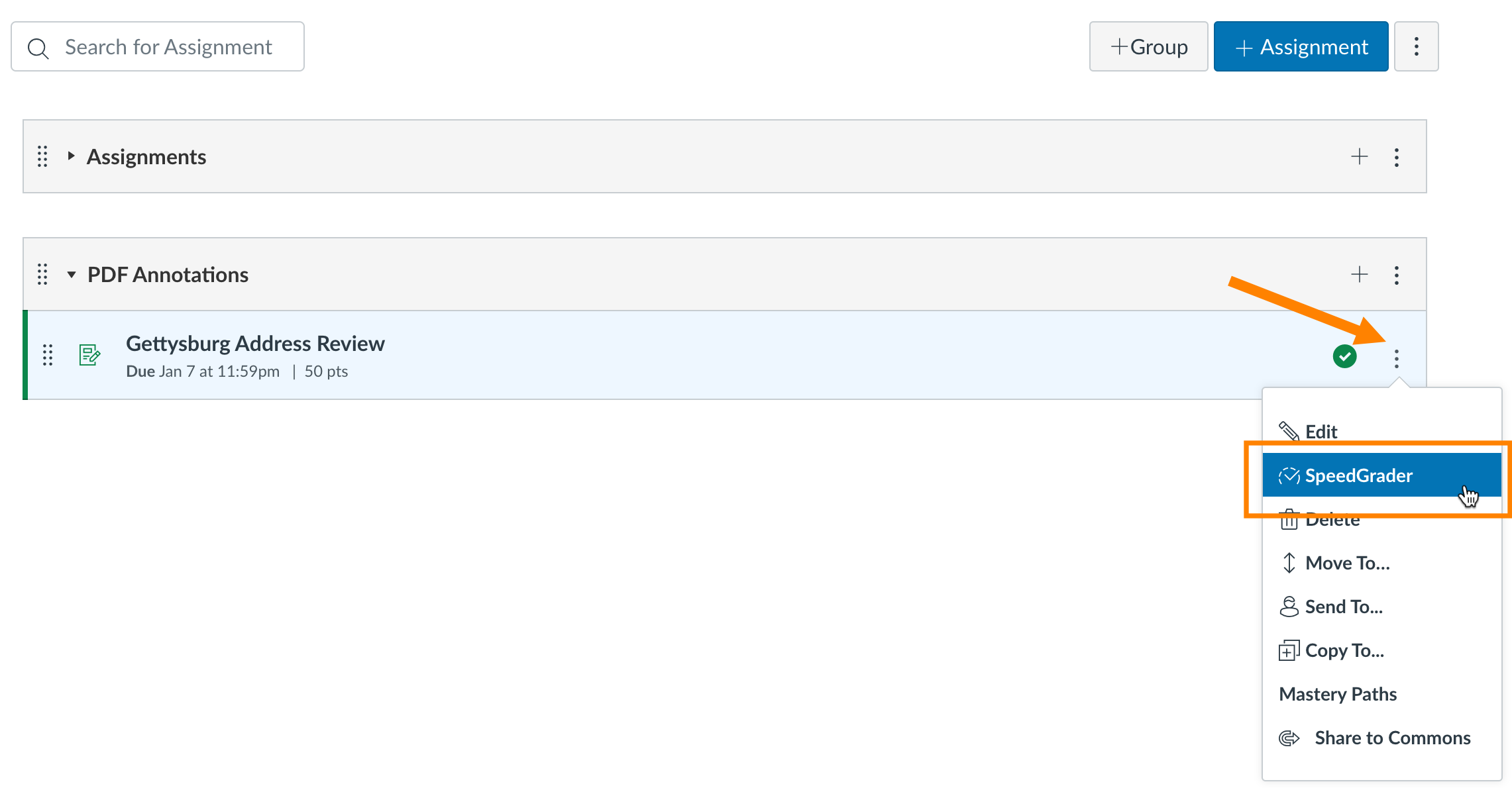 Canvas Assignments: Assignment Menu SpeedGrader Option
