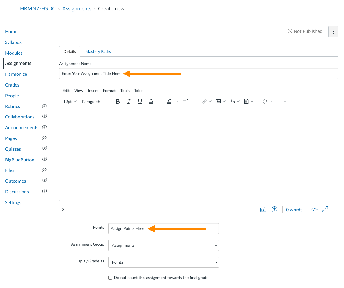 Canvas Assignment Settings: Main Settings Page