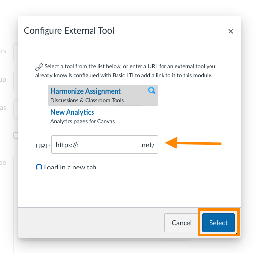 Canvas Assignment Settings: Configure External Tool Dialog
