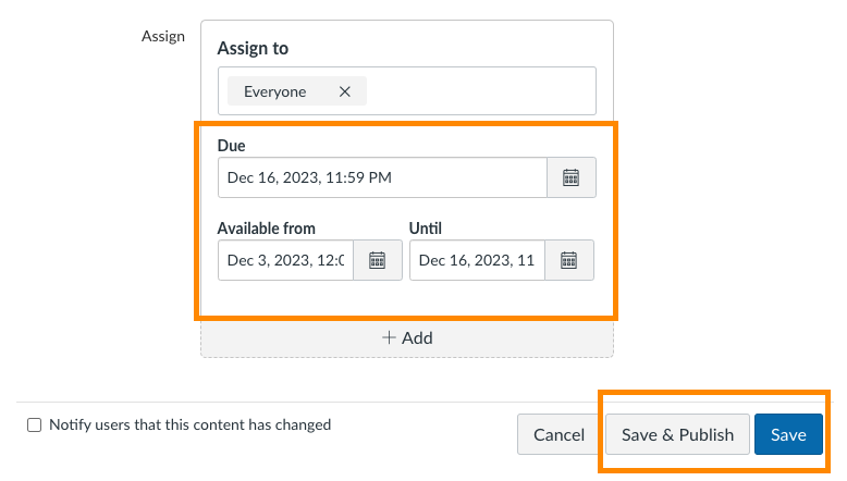 Canvas Assignment Settings: Assignment Date Options