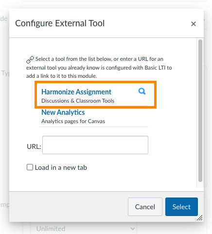 Canvas Assignment Settings: Configure External Tool Dialog Harmonize Assignment Option