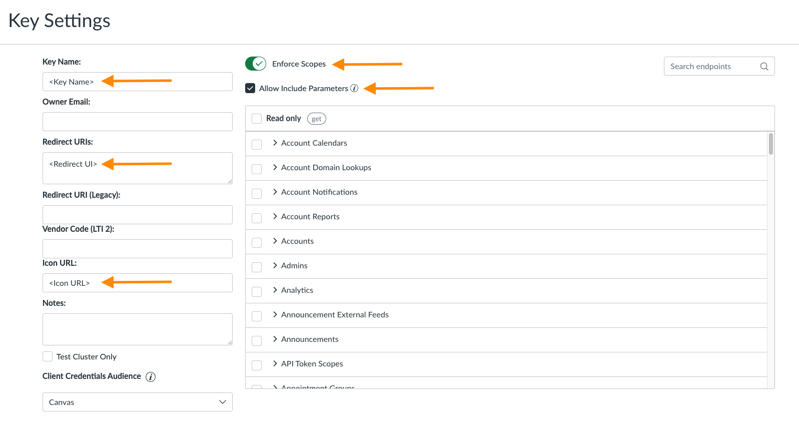 Screenshot of Key settings, which are listed below