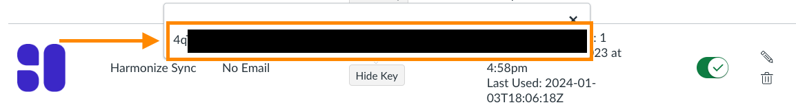 Screenshot of Harmonize Sync API Key Client Secret