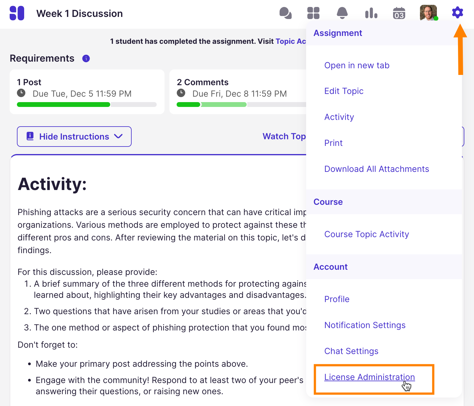Discussion: Settings Menu License Administration Option
