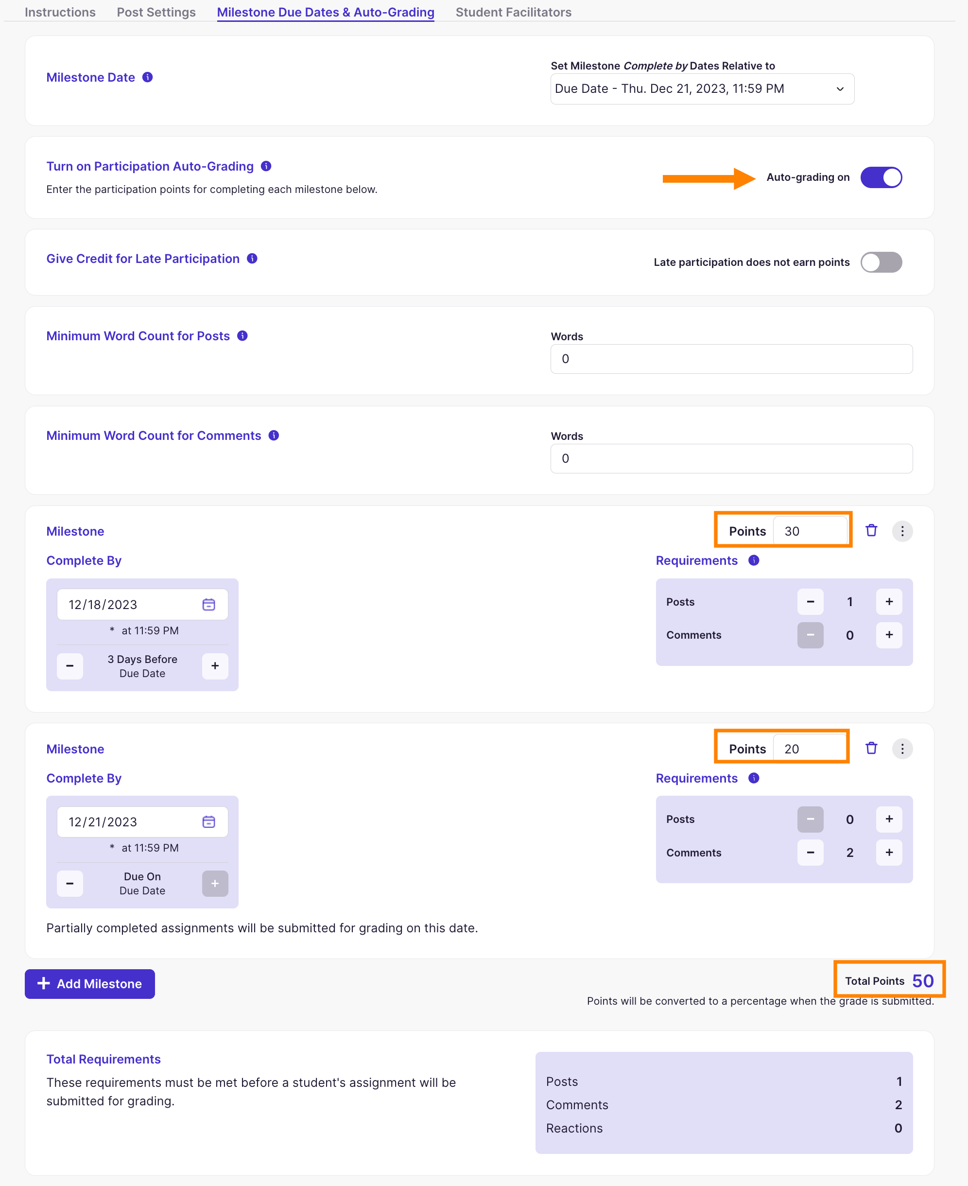 Discussion: Topic Settings Milestones Tab Auto-Grading Configured