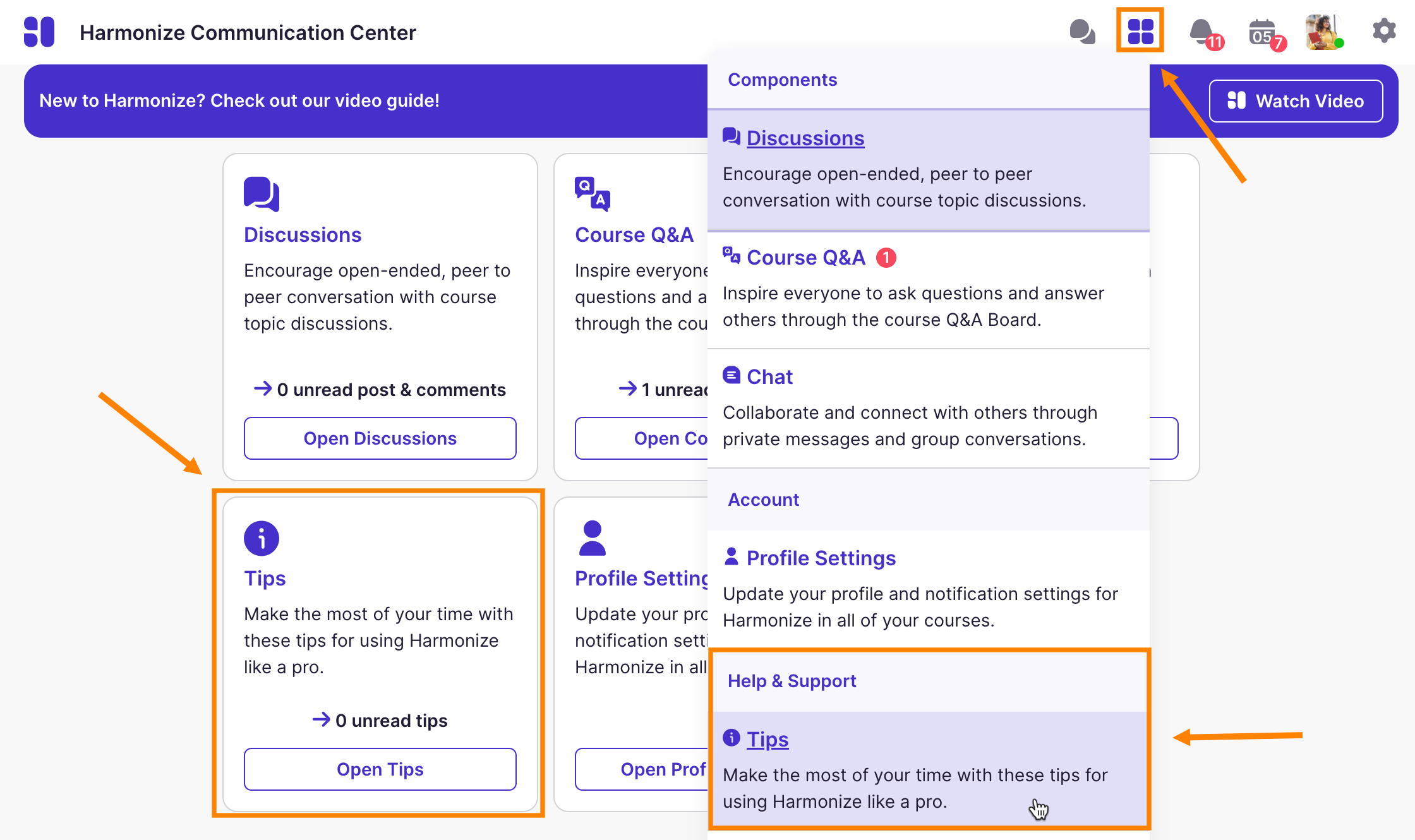Communication Center: Tips Card and Components Menu with Tips Option