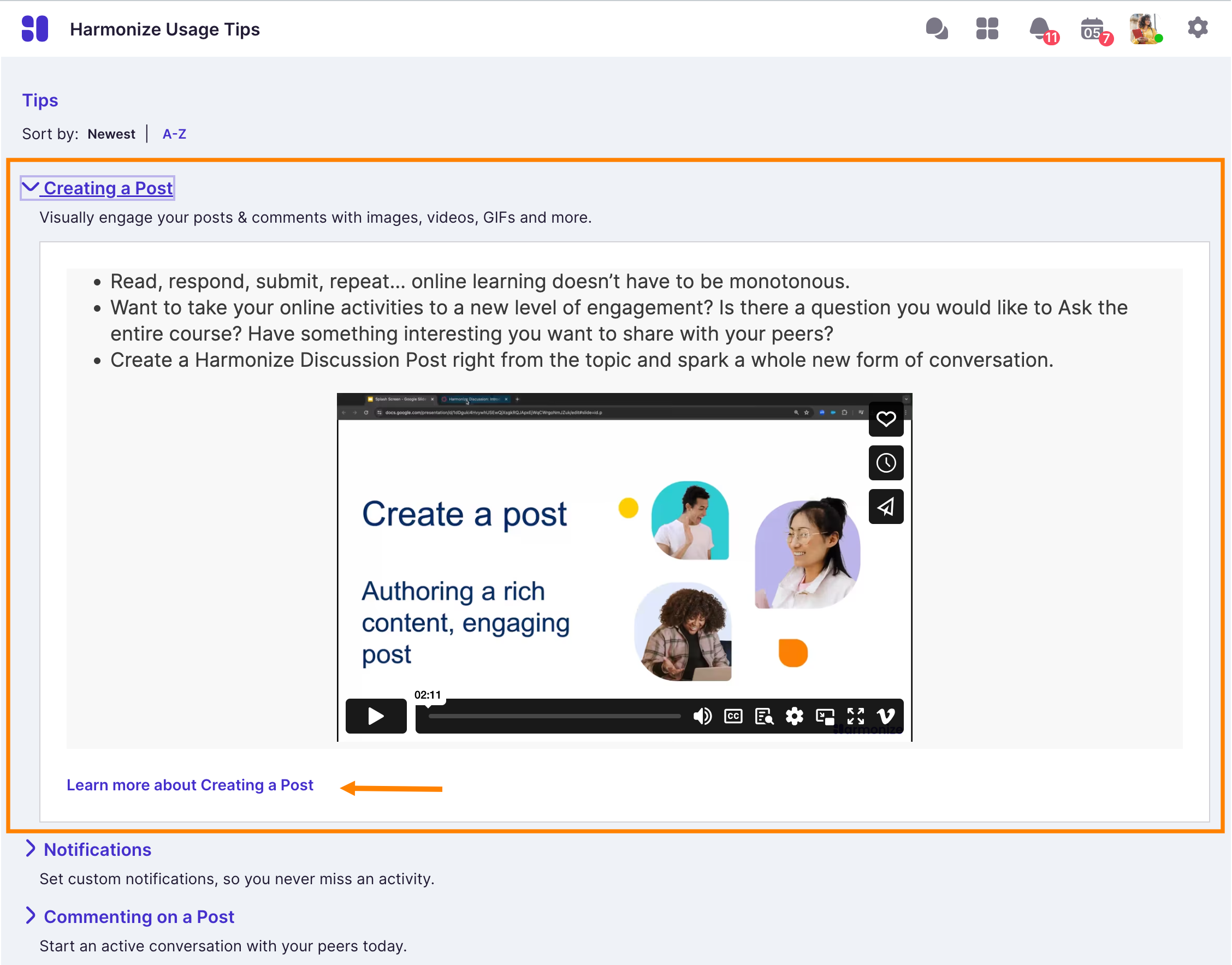 Tips Page: Tip Content and Help Guide Link