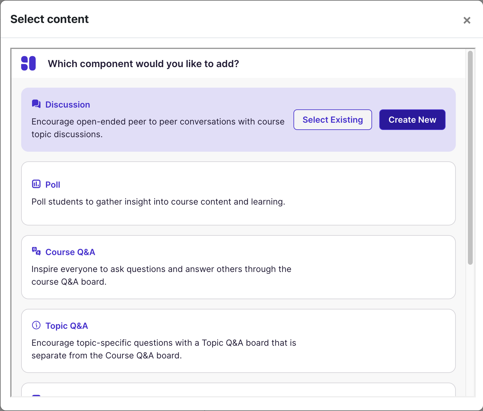 Moodle: Resource Selector Discussion Option Create New Button