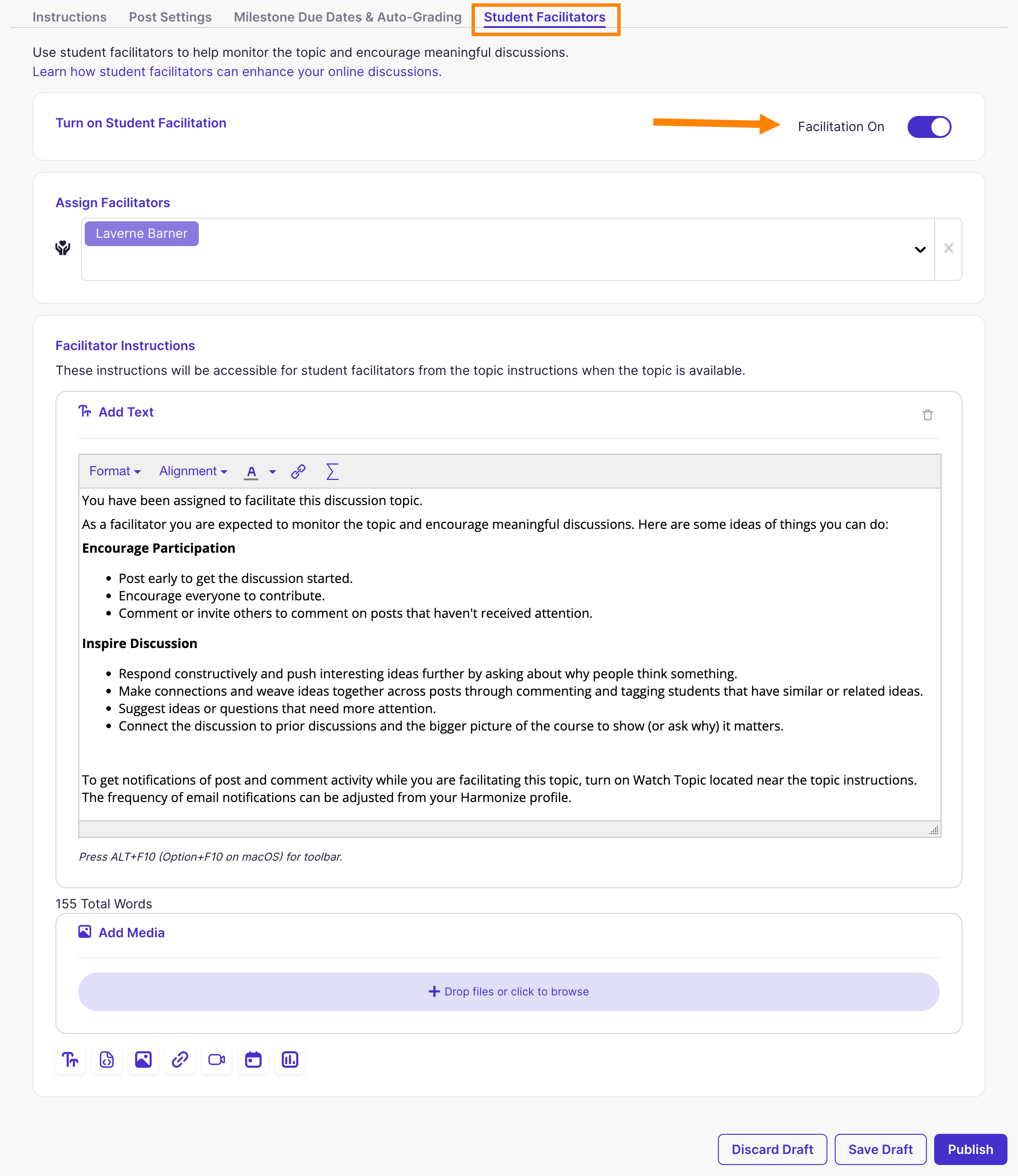 Discussion: Topic Settings Student Facilitators Tab
