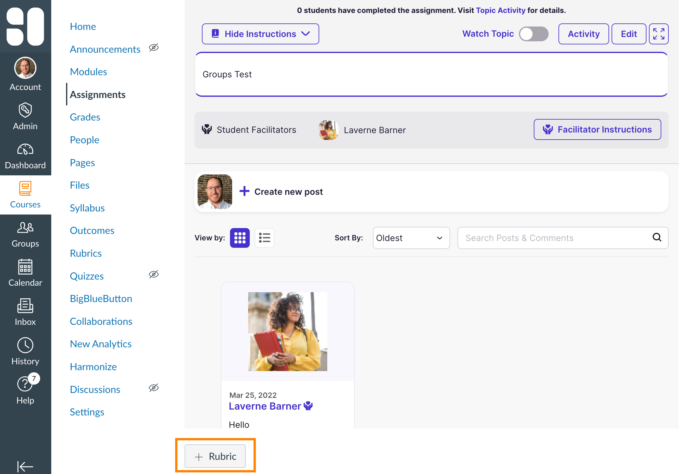 Screenshot of Add Rubric button at the bottom of an assignment in Canvas.