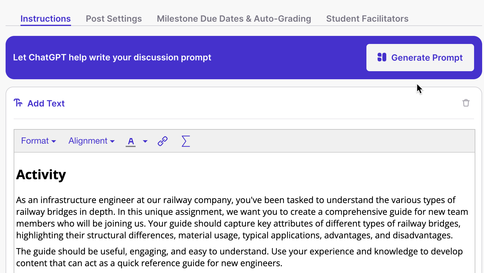Sample discussion topic showing generate prompt button