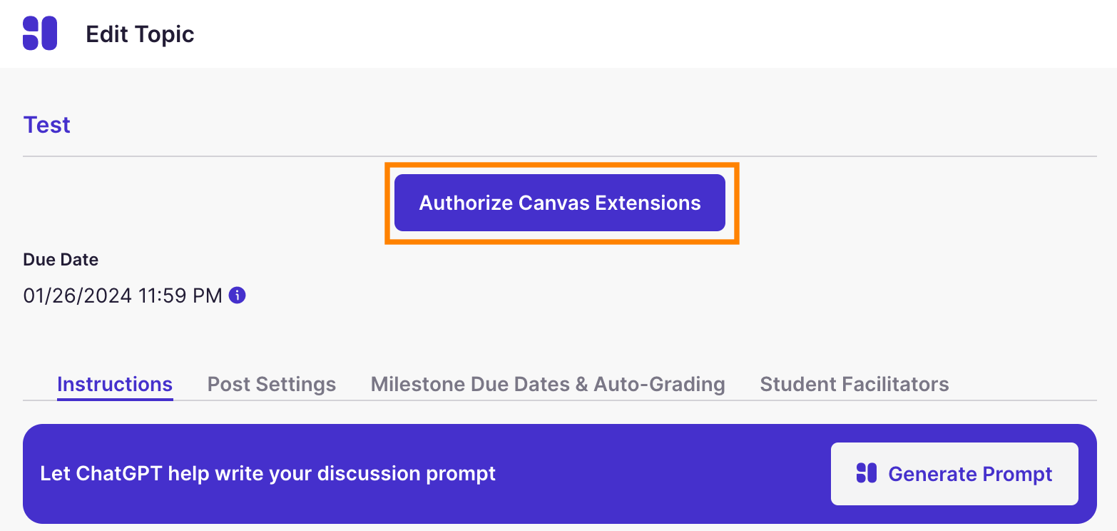 Discussion: Topic Setttings Page Authorize Canvas Extensions Button