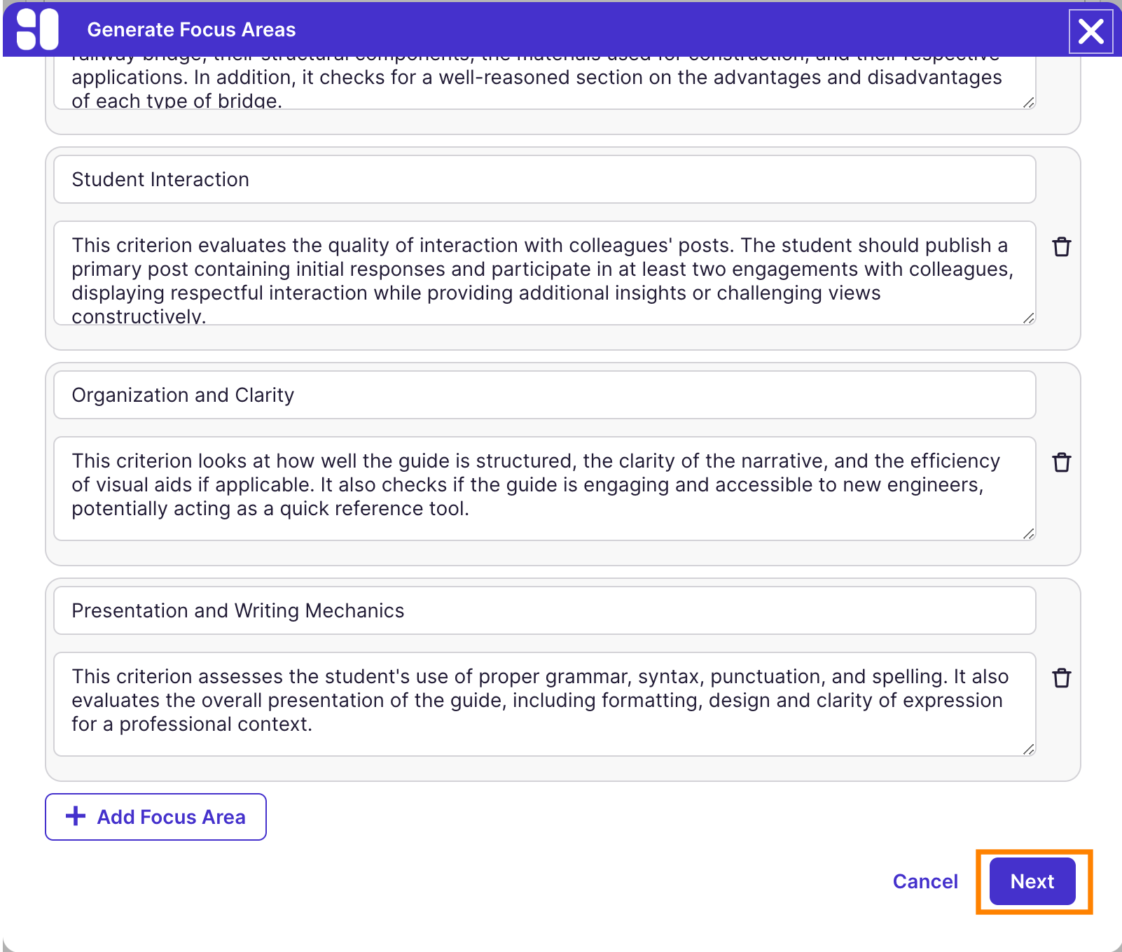 Rubrics: Edit Focus Areas Next Button