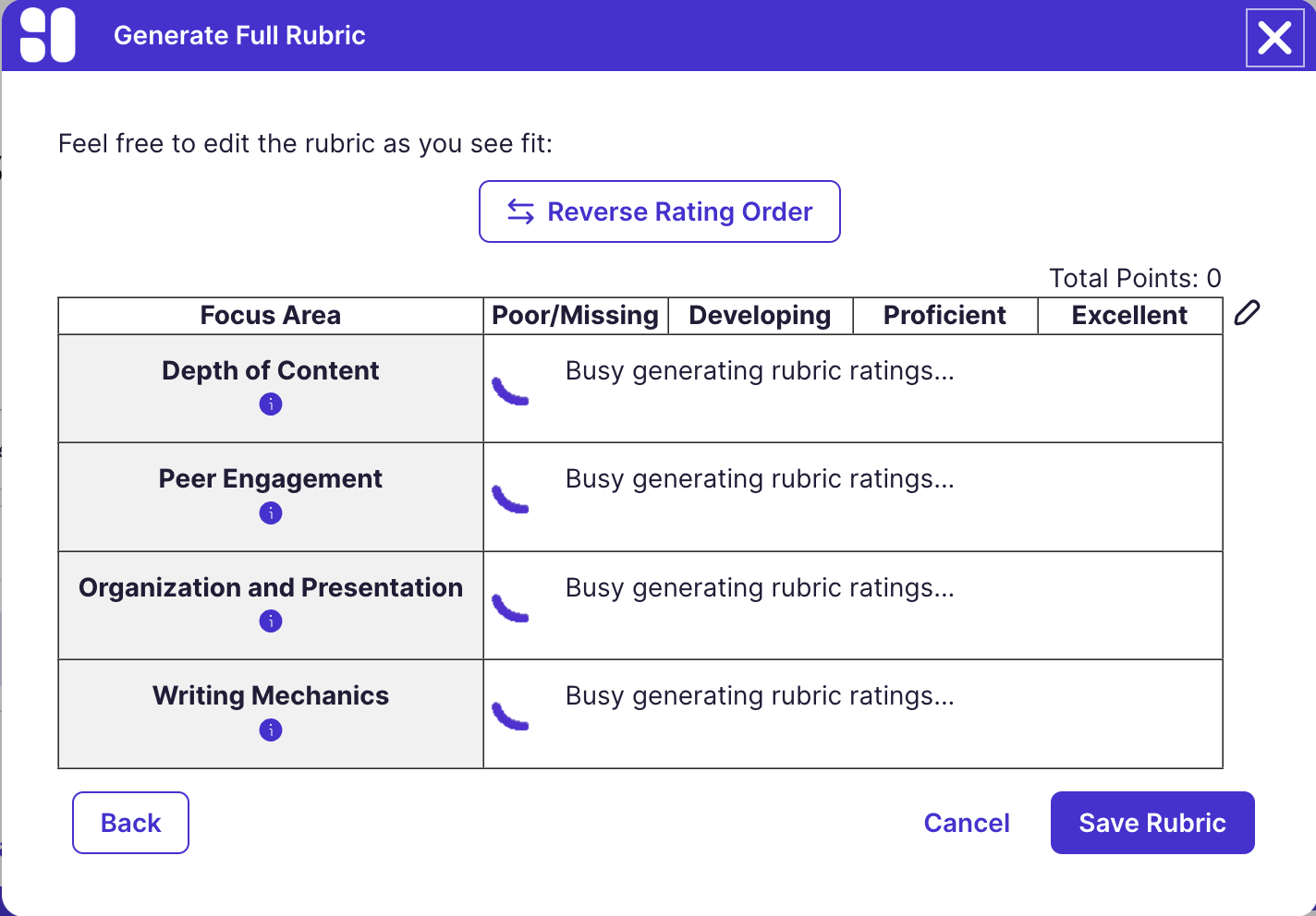 Rubrics: Generate Full Rubric Generate Ratings Active Generation