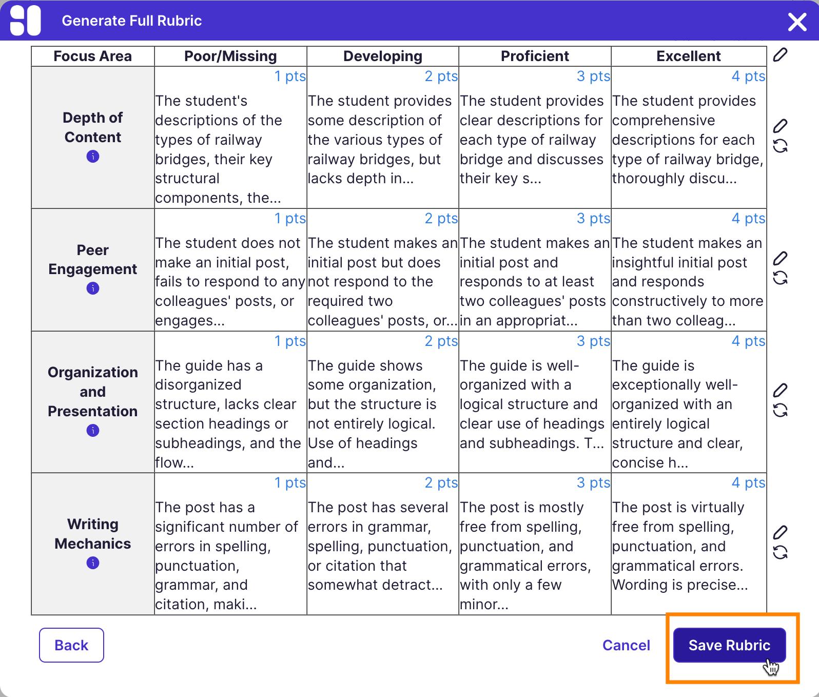 Rubrics: Edit Rubric Ratings Save Rubric Button