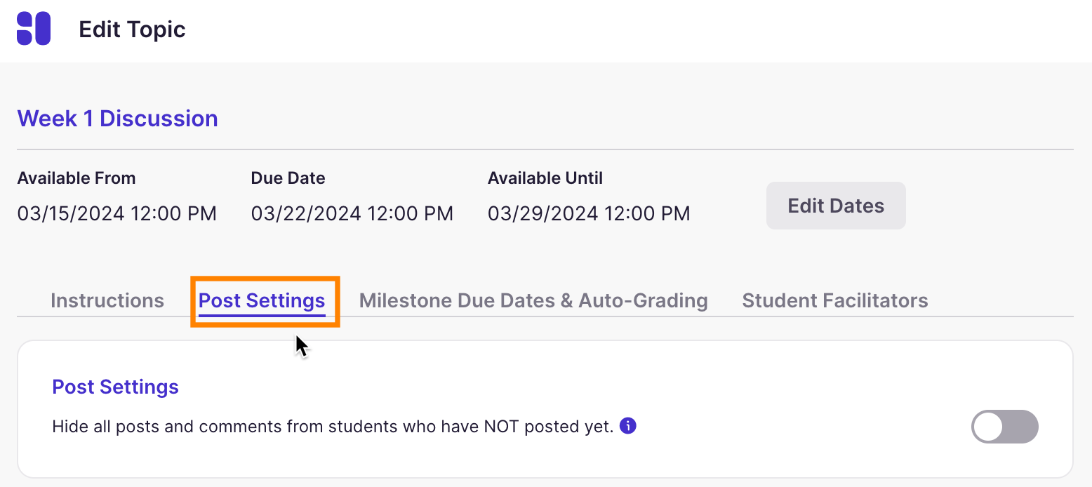 Discussion Topic Settings Post Settings Tab
