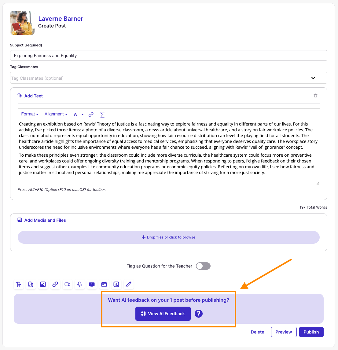 Harmonize discussion post with button at bottom: View AI Feedback.