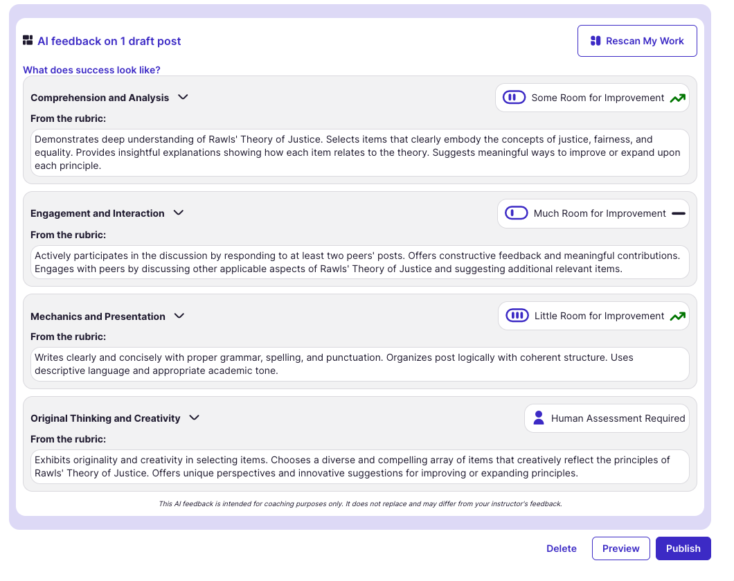 Example screenshot of AI Feedback with improved scores.