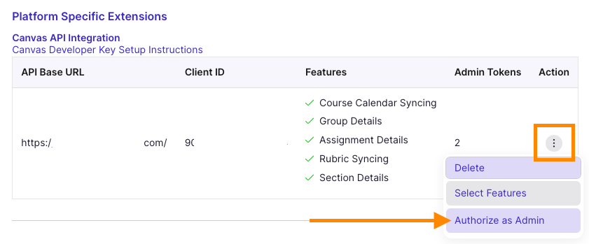 Screenshot of Action menu with Authorize as Admin button highlighted