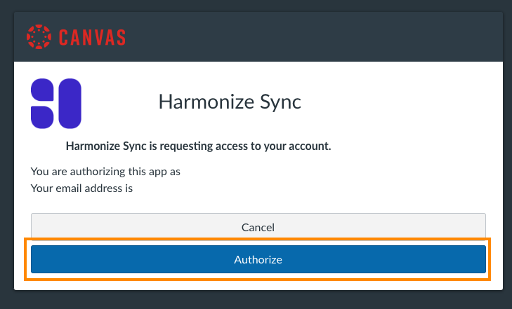 Screenshot of Harmonize Sync prompt with authorize button highlighted